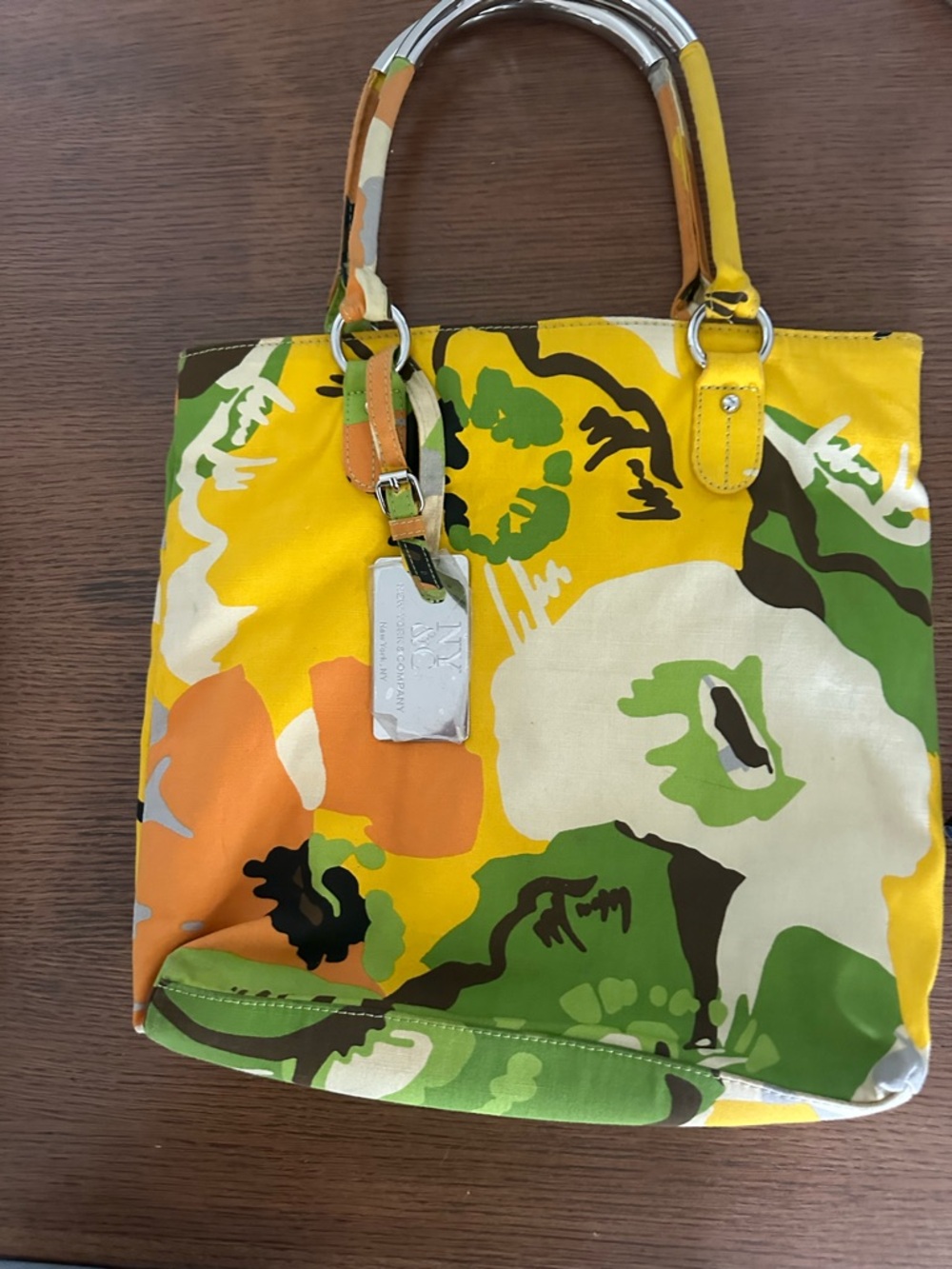New York and Company Yellow Floral Canvas Tote Bag with Silver Accent